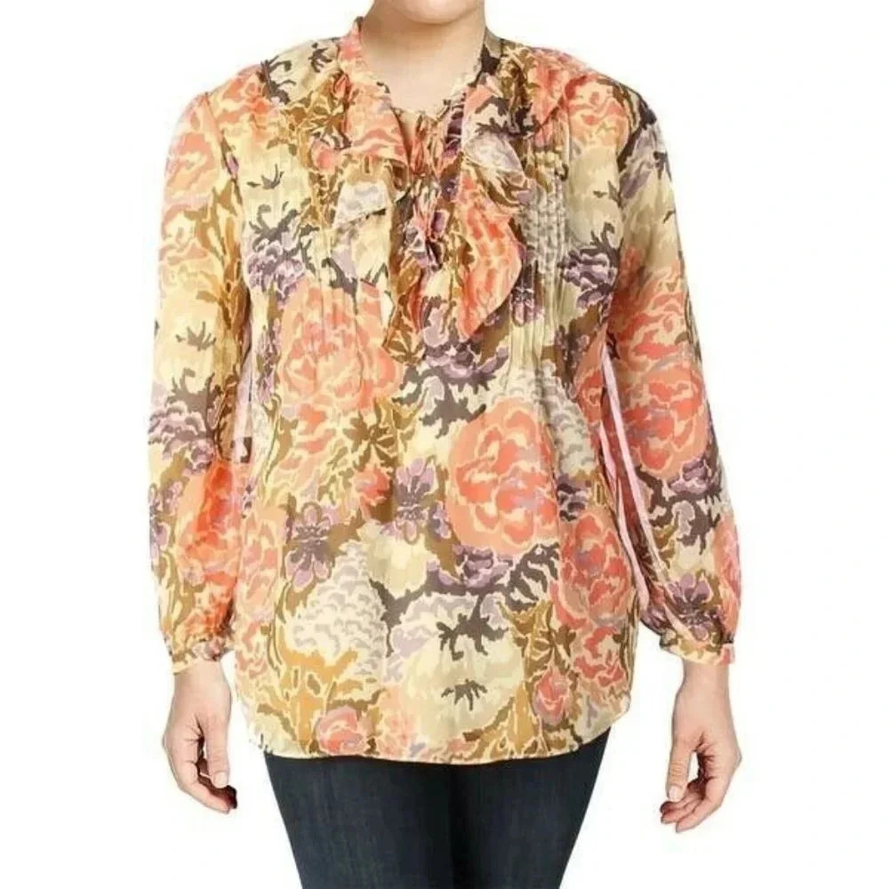 Lauren By Ralph Lauren Women's Size M Orange Tied Neck Chiffon Sheer Blouse